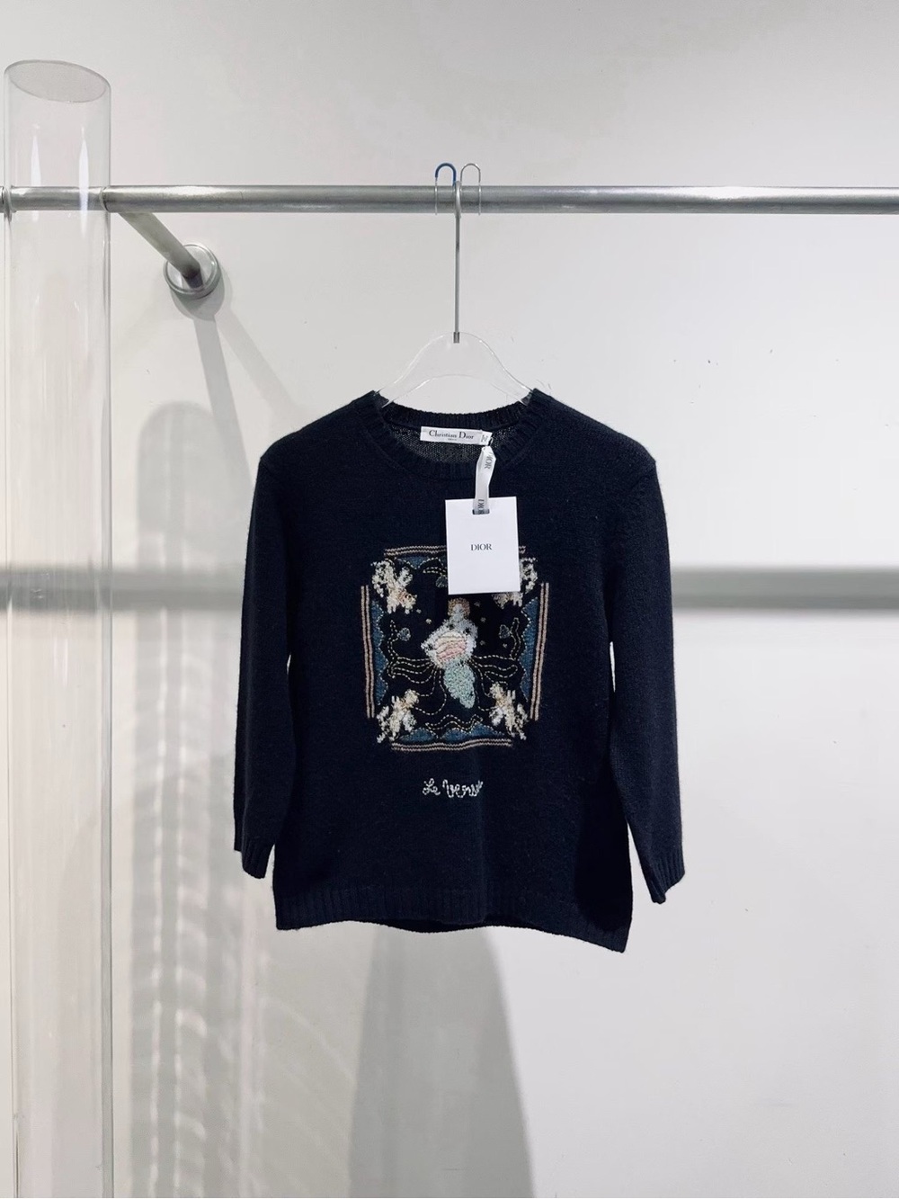 🚩steal Dior Black Crewneck Sweater with Floral Embroidery
